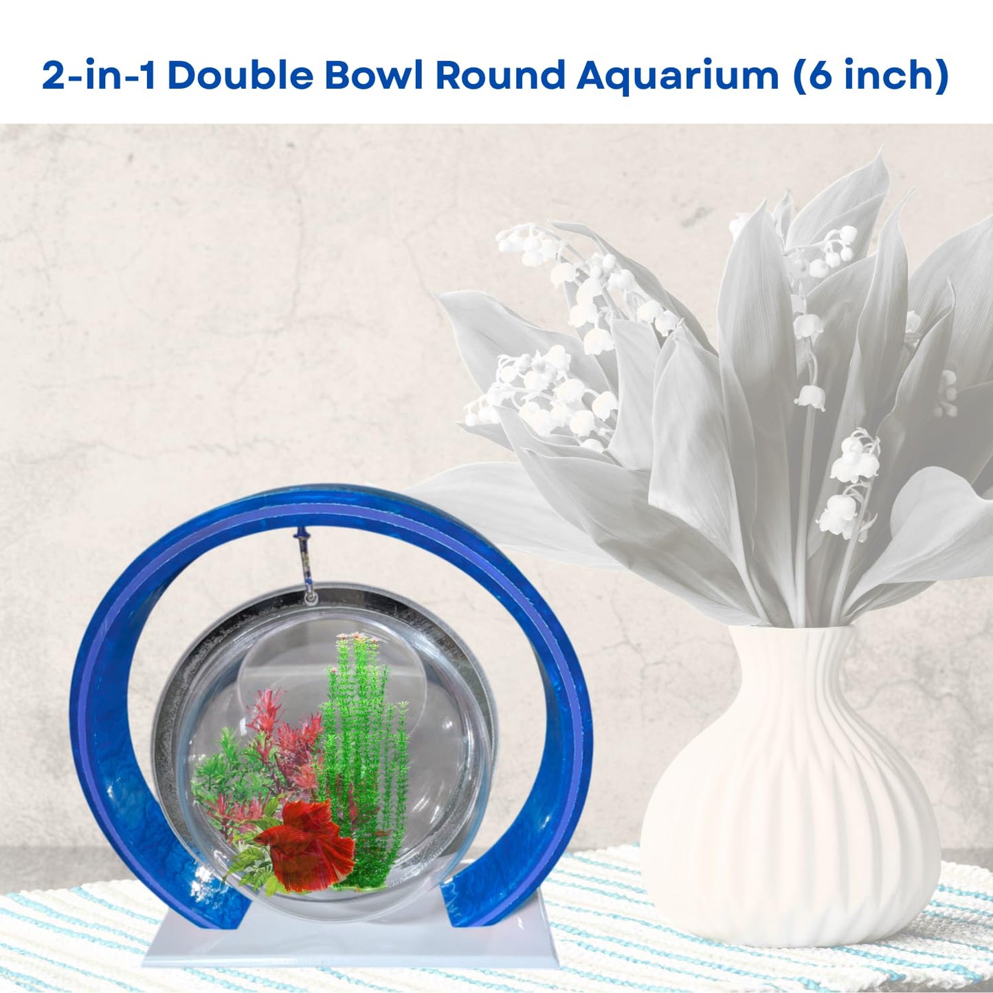Double Bowl 6-inch Blue Round Fish Bowl – Standing & Hanging Decorative Aquarium for Home & Office | 2-in-1 Double Bowl Round Fish Tank