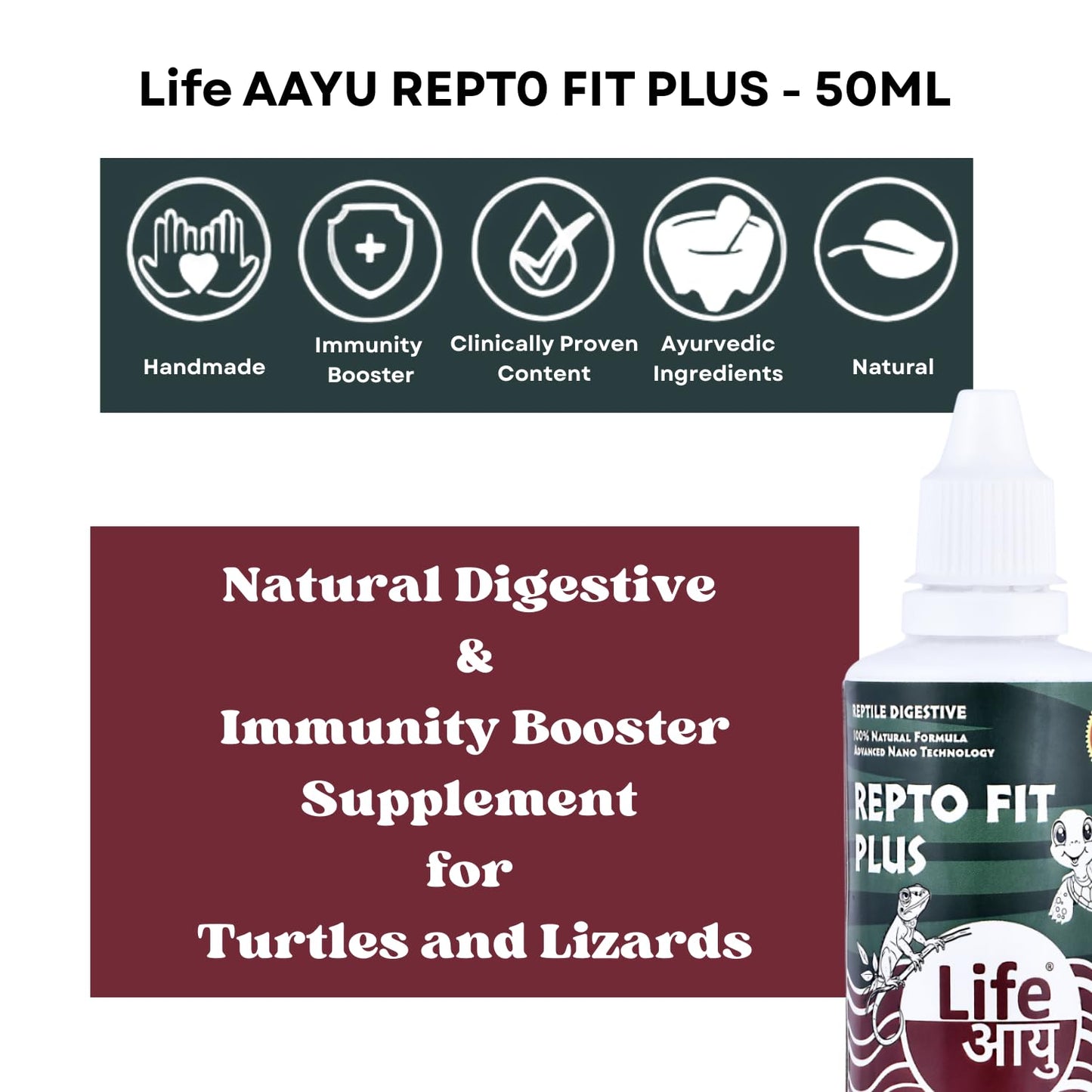 Life AAYU REPT0-Fit Plus Supplement | 100% Natural Digestive & Immunity Booster Supplement for Turtles and Lizards (50 ml)