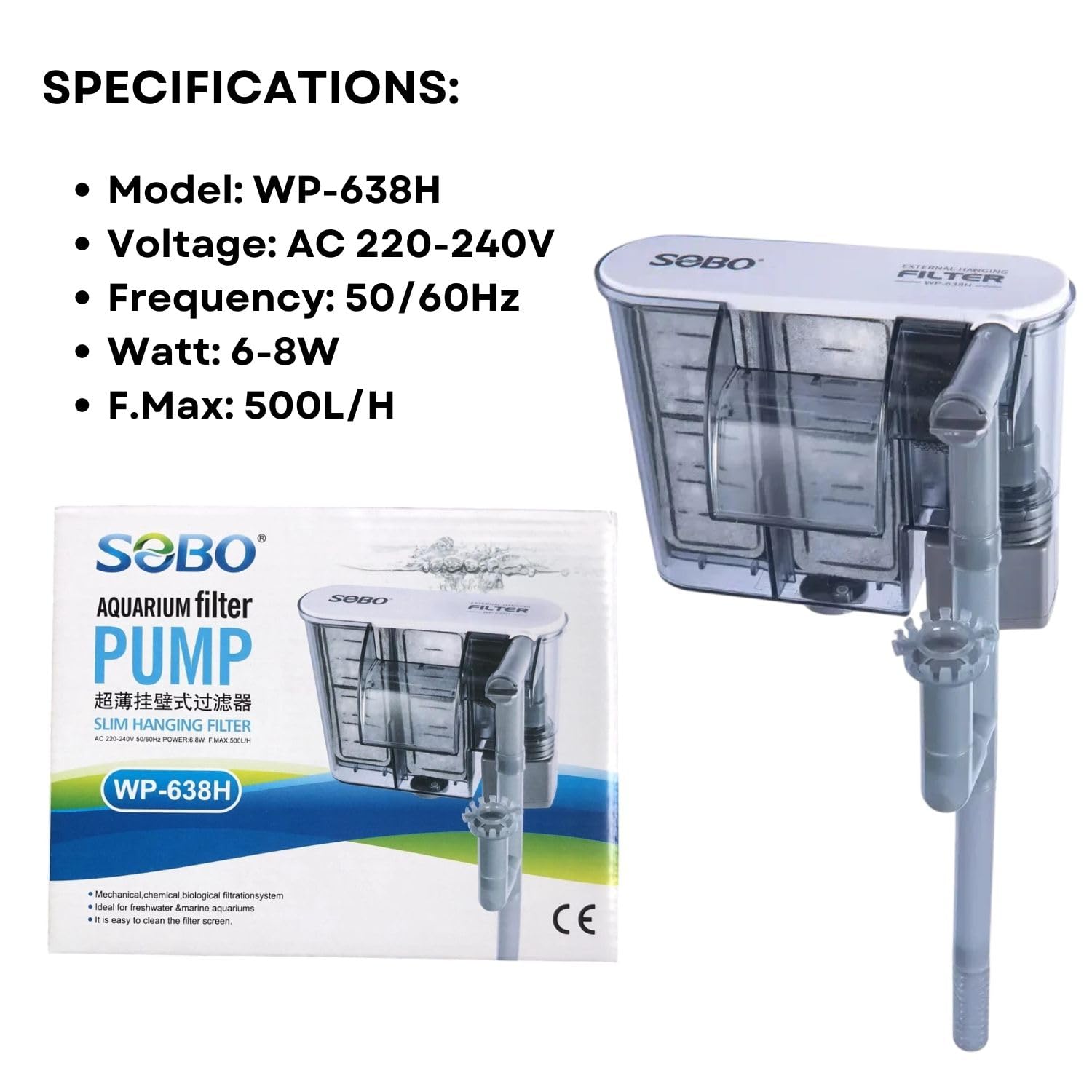 S0B0 WP-638H Slim Hanging Filter for Aquarium Fish Tank | Mechanical, Chemical and Biological Filtration | Output: 500L/H | (Original from Tunai Store)