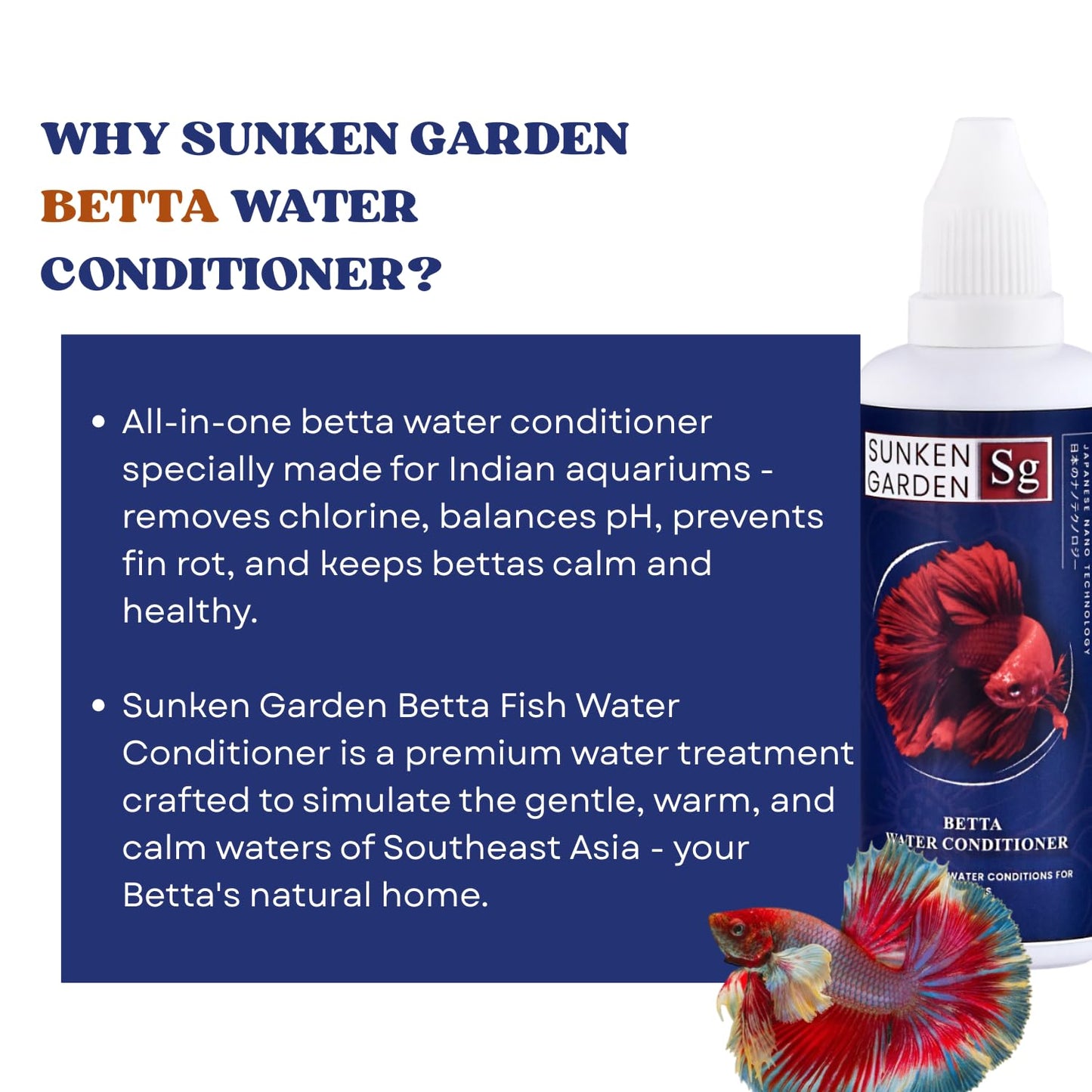 Sunken Garden Betta Fish Water Conditioner | Chlorine Neutralizer + Fin Rot Protection + pH Balancer | Made for Indian Aquariums (50 ml)