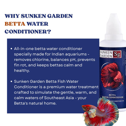 Sunken Garden Betta Fish Water Conditioner | Chlorine Neutralizer + Fin Rot Protection + pH Balancer | Made for Indian Aquariums (50 ml)