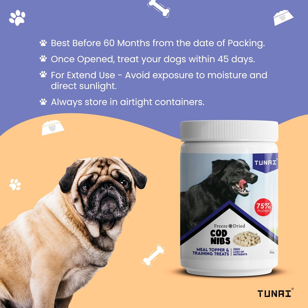 Tunai Premium Freeze Dried Treats for Adult Dogs & Weaning Puppies, 20g (Mini, Cod Nibs)
