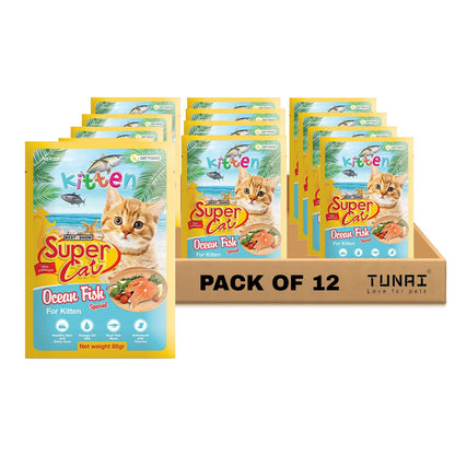 TUNAI SUPERCAT Ocean Fish Special Wet Gravy Daily Diet Food for Kittens (Pack of 12X80g) with The Goodness of Protein&Fat Rich Tuna, Sardines & Taurine, Supports Healthy Skin Coat