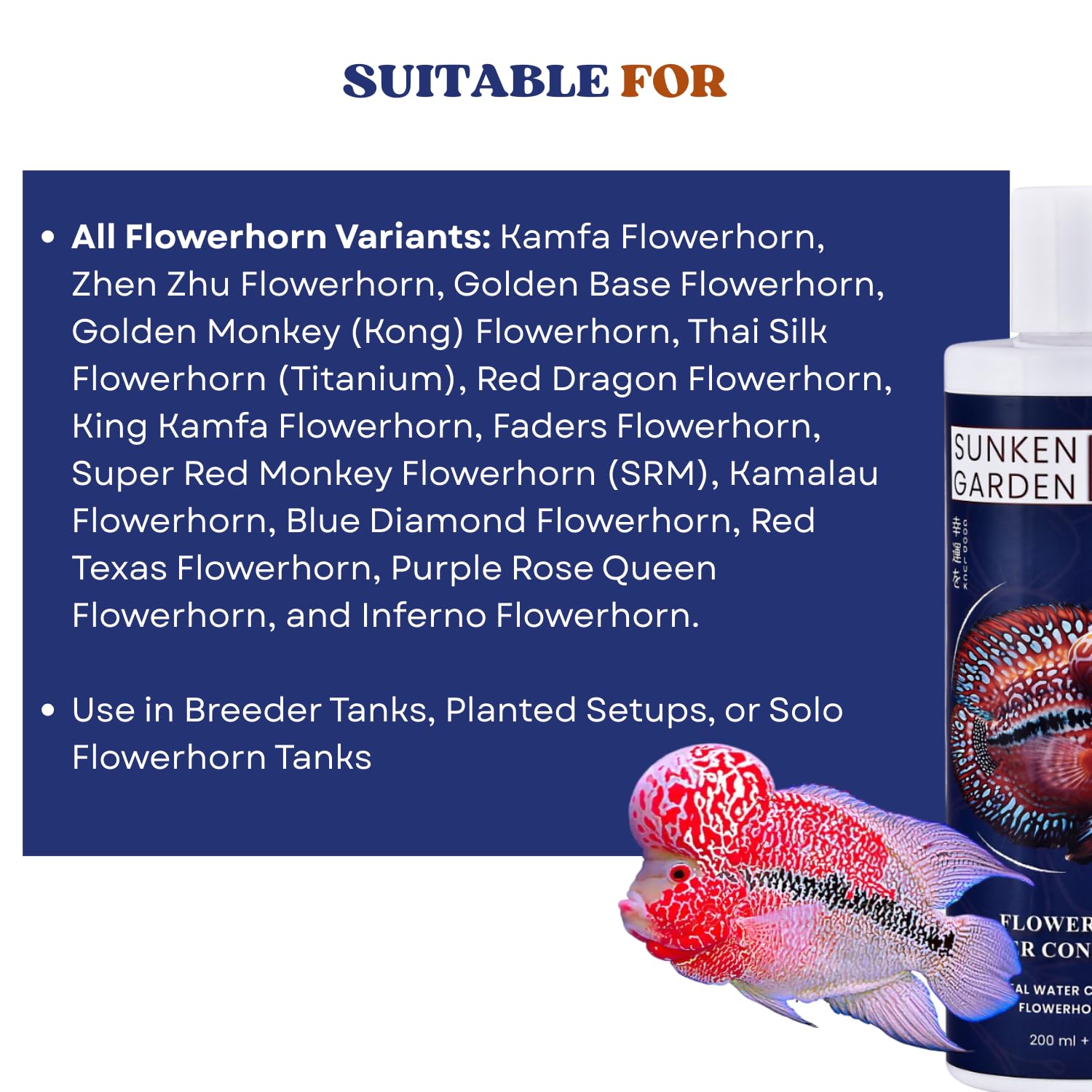 Sunken Garden Flowerhorn Fish Water Conditioner | Premium Water Conditioner for Healthy, Vibrant Flowerhorns | Ensures Vibrant Coloration and Stronger Immunity (200 ml + 30 ml)