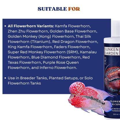 Sunken Garden Flowerhorn Fish Water Conditioner | Premium Water Conditioner for Healthy, Vibrant Flowerhorns | Ensures Vibrant Coloration and Stronger Immunity (200 ml + 30 ml)