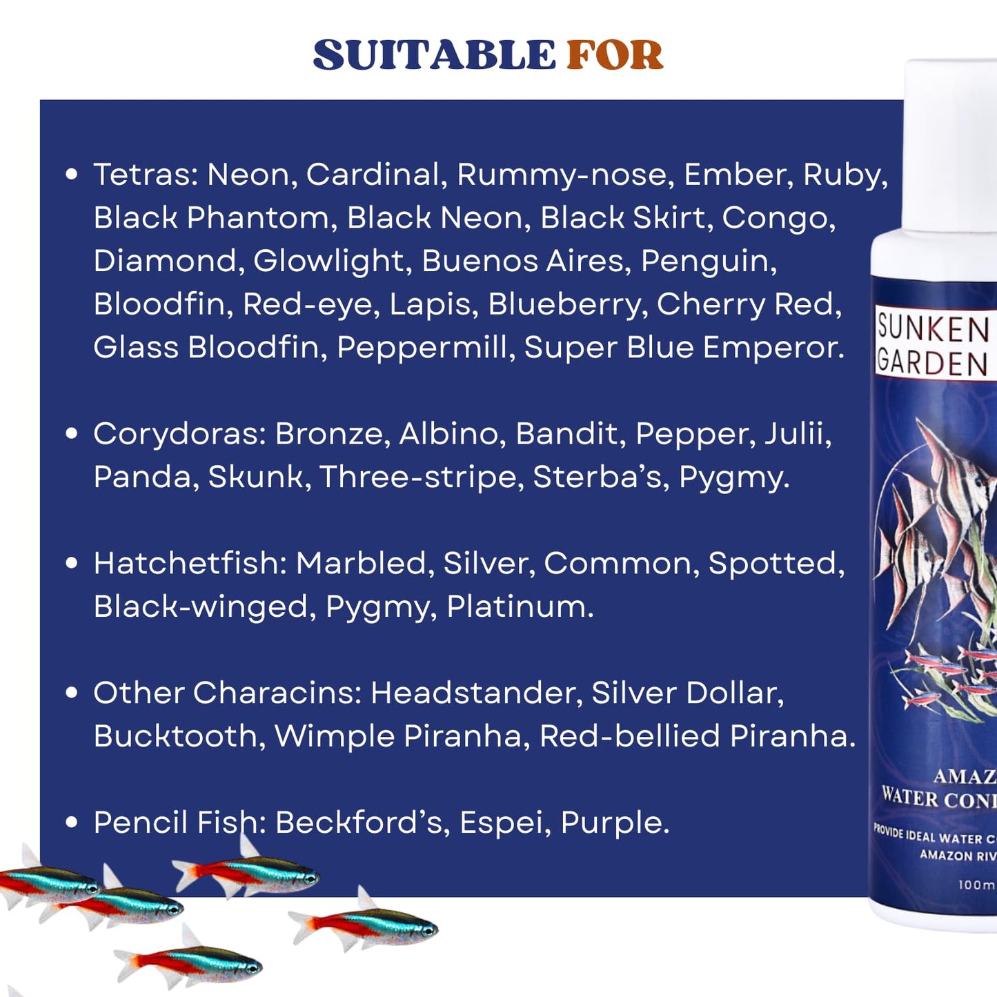 Sunken Garden Amazon Fish Water Conditioner | pH Reducer + Chlorine Neutralizer + Parasite Prevention | Made for All Amazonian Fish Such as Angels and tetras (100 ml)