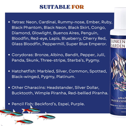Sunken Garden Amazon Fish Water Conditioner | pH Reducer + Chlorine Neutralizer + Parasite Prevention | Made for All Amazonian Fish Such as Angels and tetras (100 ml)