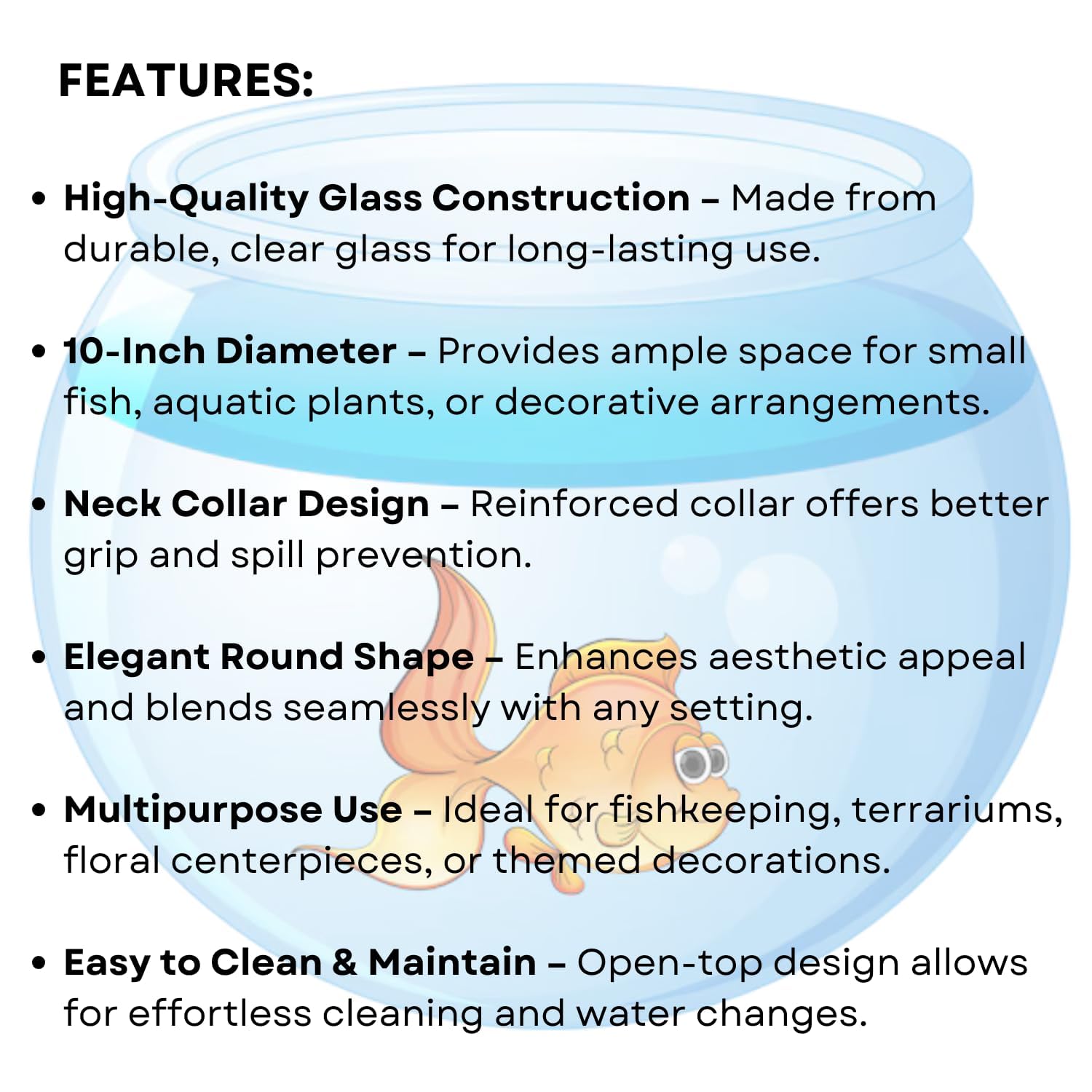 10-inch Glass Fish Bowl with Neck Collar, Suitable for Small Fish, Plants | Optimum Fish Tank Choice for Office & Home Decor