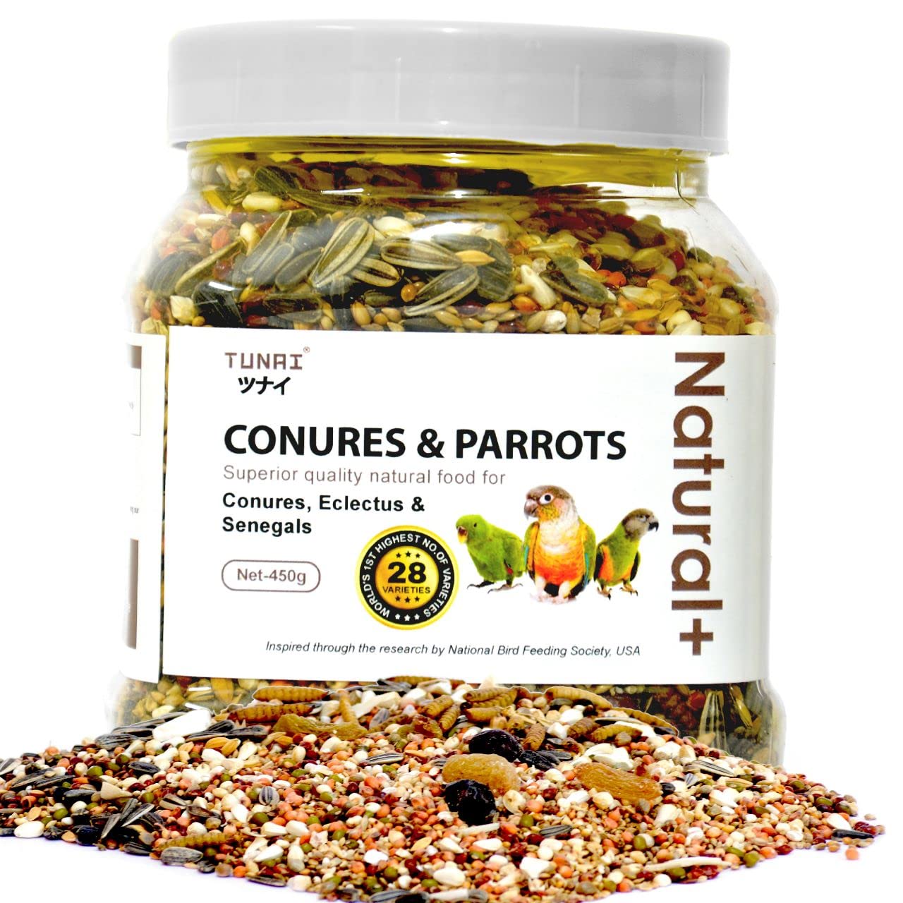 TUNAI Bird Food | Premium Bird Feed 450G With 28 Of Mixed Bird Seeds For Young, Adult Conures, & Parrots, 1 Count