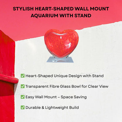 Wall Mount 9-inch Red Heart Shape Fish Bowl – with Stand | Modern Aquarium for Home, Office & Café Décor | Space Saving Design | Elegant Fish Tank & Plant Terrarium | Compact Design