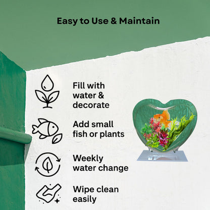 Wall Mount 9-inch Green Heart Shape Fish Bowl – with Stand | Modern Aquarium for Home, Office & Café Décor | Space Saving Design | Elegant Fish Tank & Plant Terrarium | Compact Design