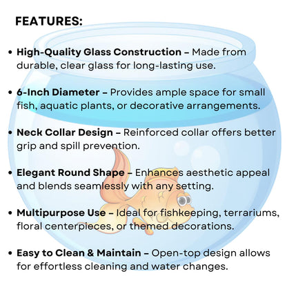 TUNAI 6-Inch Glass Fish Bowl with Neck Collar, Suitable for Small Fish, Plants | Optimum Fish Tank Choice for Office & Home Decor