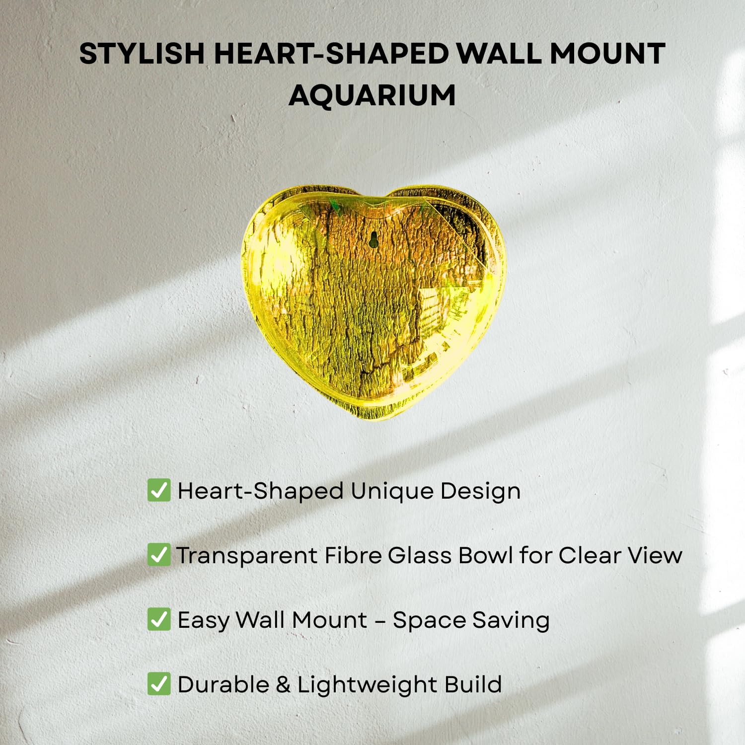 Wall Mount 9-inch Yellow Heart Shape Fish Bowl – Without Stand | Modern Aquarium for Home, Office & Café Décor | Space Saving Design | Elegant Fish Tank & Plant Terrarium | Compact Design