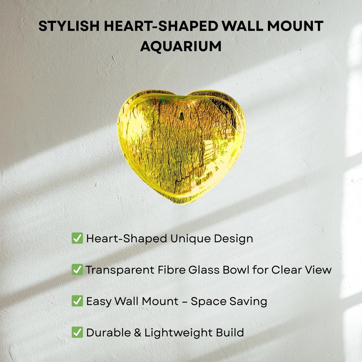 Wall Mount 15-inch Yellow Heart Shape Fish Bowl – Without Stand | Modern Aquarium for Home, Office & Café Décor | Space Saving Design | Elegant Fish Tank & Plant Terrarium | Compact Design