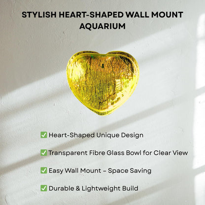 Wall Mount 12-inch Yellow Heart Shape Fish Bowl – Without Stand | Modern Aquarium for Home, Office & Café Décor | Space Saving Design | Elegant Fish Tank & Plant Terrarium | Compact Design