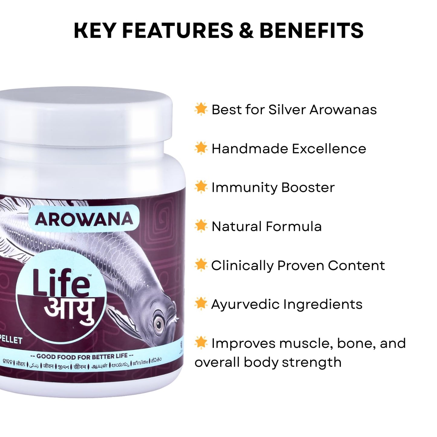 Life AAYU Silver Arowana Aquarium Fish Food | Designed to Improve Muscle, Bone, and Overall Body Strength | Best for Silver Arowanas (300 GMS)