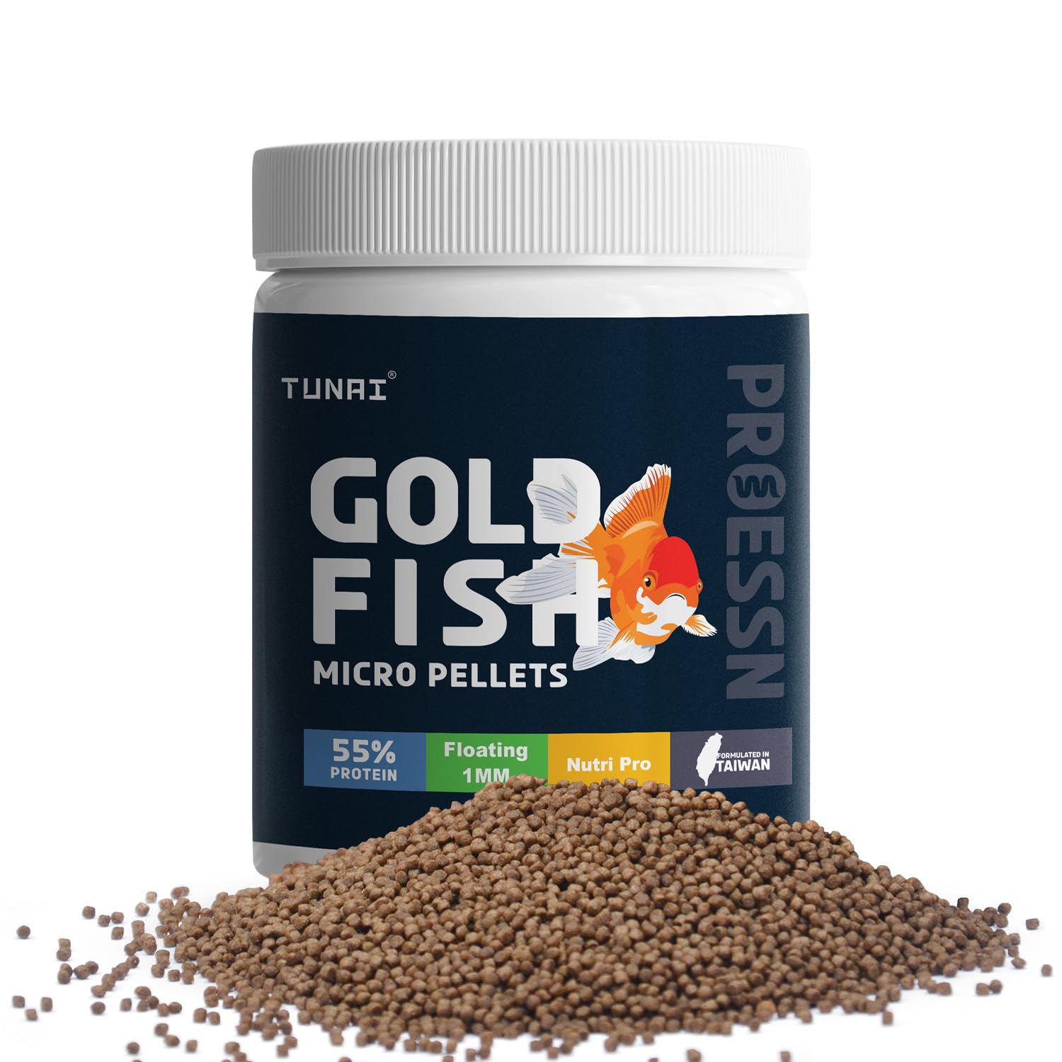 TUNAI Gold Fish Food with 55% Protein Rich Premium Food| Pellet, 250G | 1Mm | Exclusive Taiwan Formula for Gold Fish Food, All Life Stages, 1 Count
