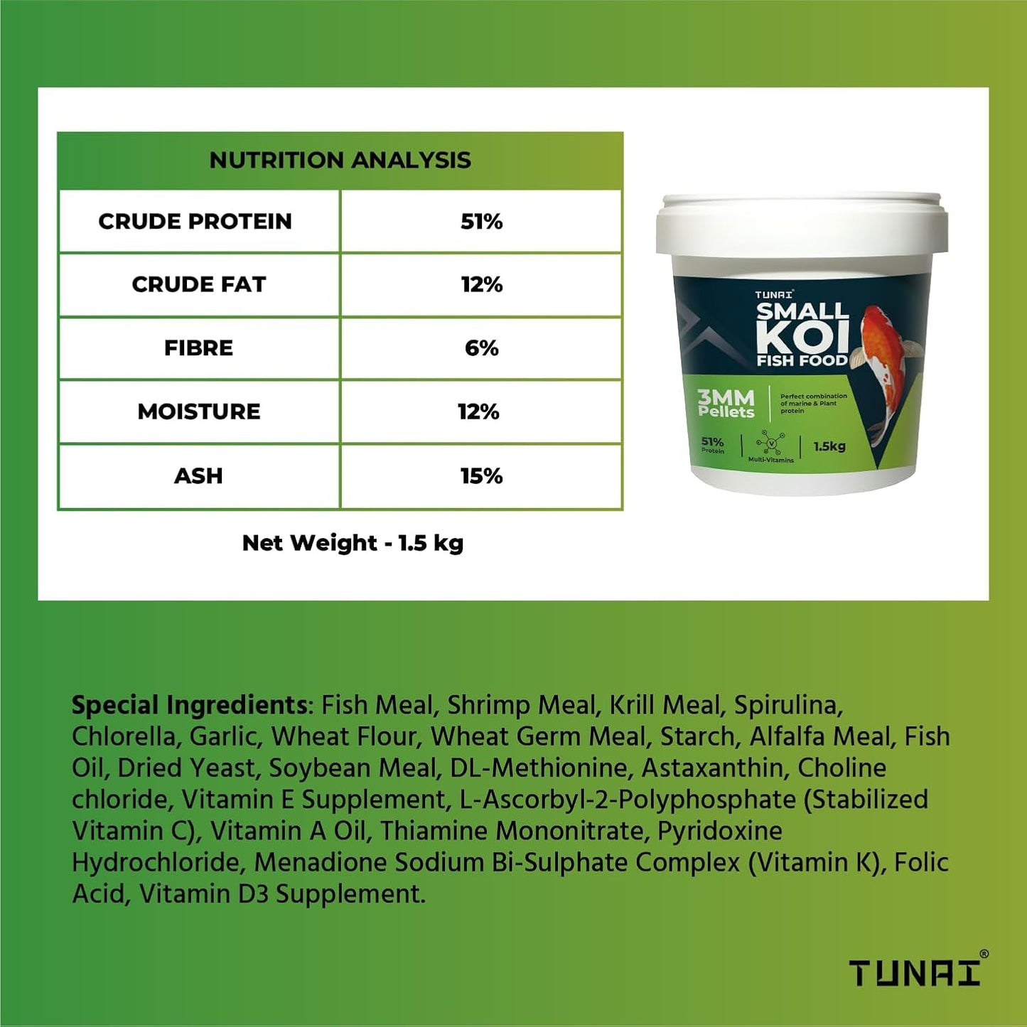 TUNAI Small Koi Fish Food | 3MM Pellets | Enriched with 51% Protein |Suitable for All Medium Sized Pond Fish, 1.5KG (3MM, 1.5Kg)