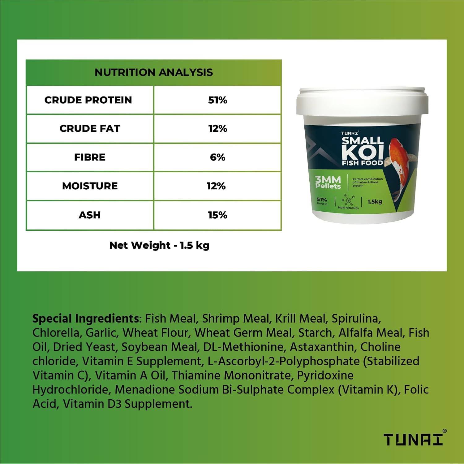 TUNAI Small Koi Fish Food | 3MM Pellets | Enriched with 51% Protein |Suitable for All Medium Sized Pond Fish, 1.5KG (3MM, 1.5Kg)