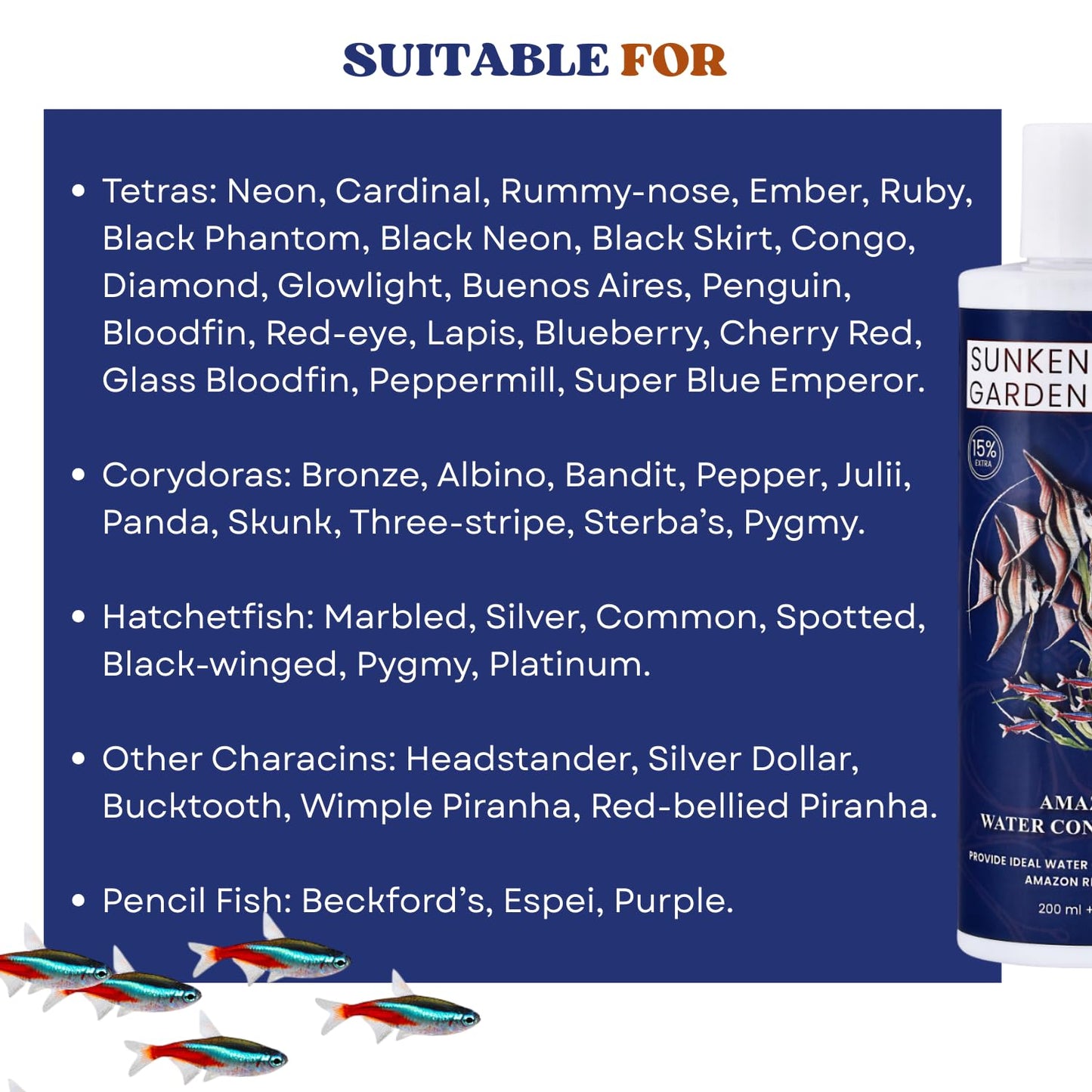 Sunken Garden Amazon Fish Water Conditioner | pH Reducer + Chlorine Neutralizer + Parasite Prevention | Made for All Amazonian Fish Such as Angels and tetras (200 ml + 30 ml)