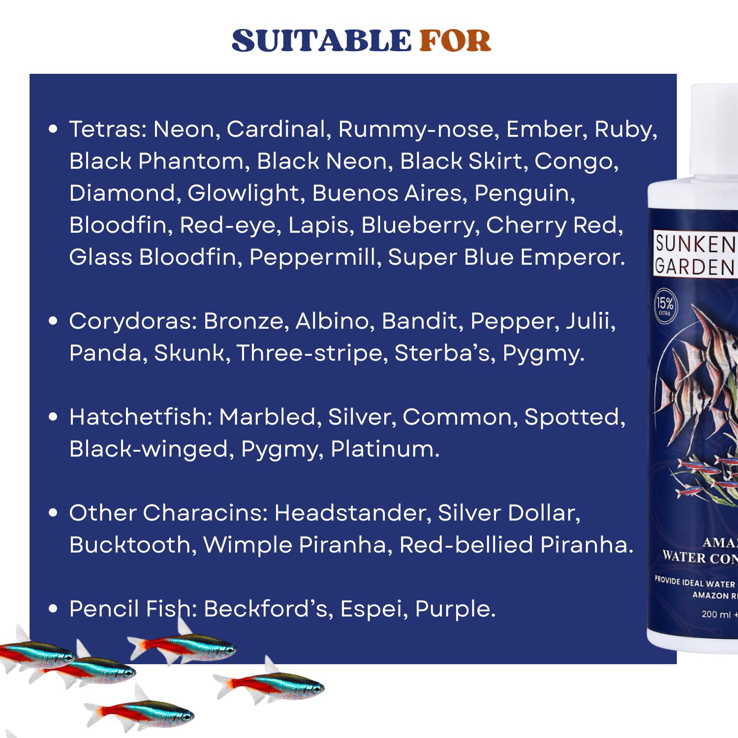 Sunken Garden Amazon Fish Water Conditioner | pH Reducer + Chlorine Neutralizer + Parasite Prevention | Made for All Amazonian Fish Such as Angels and tetras (200 ml + 30 ml)