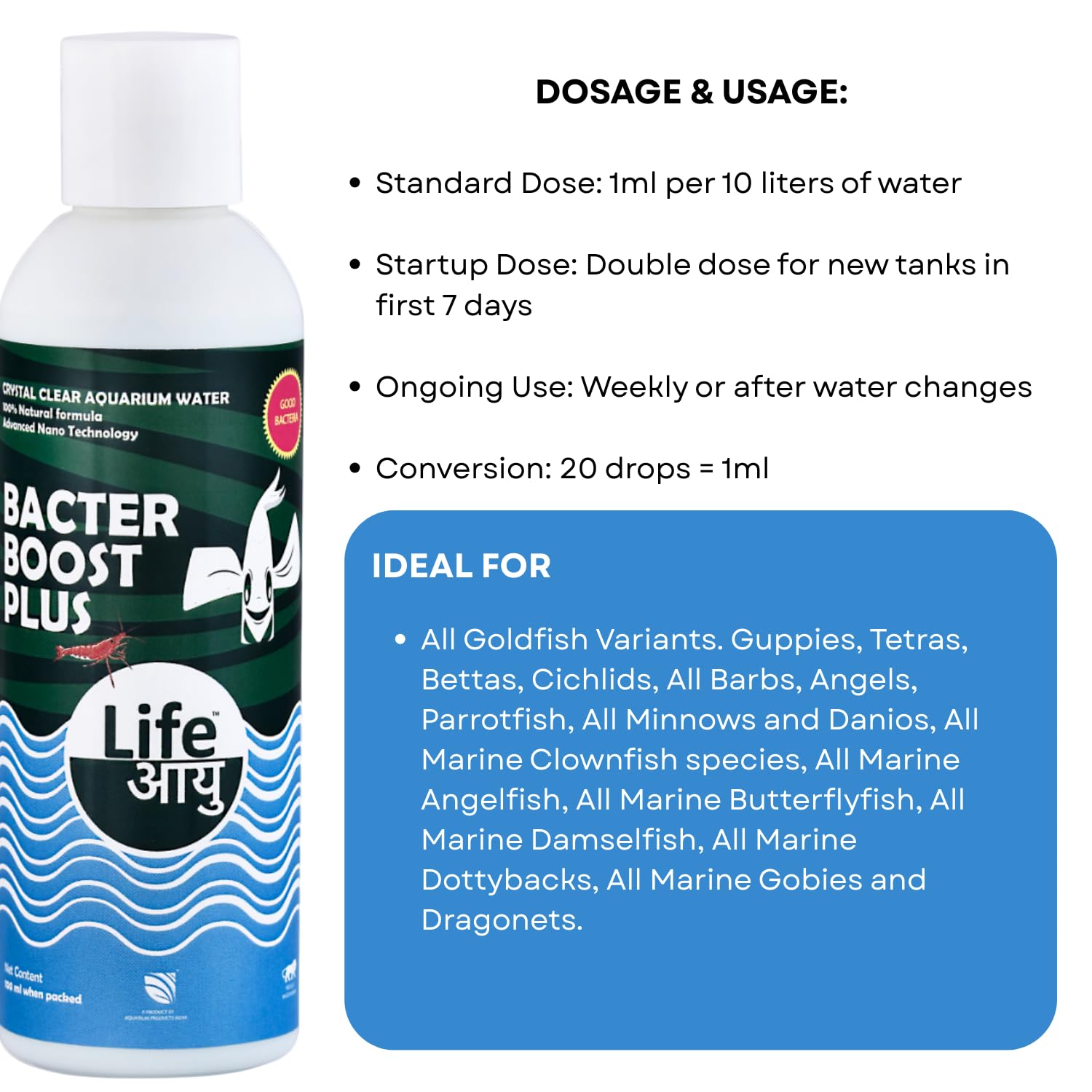 Life AAYU Bacter Boost Plus Supplement | Natural Aquarium Bacteria Starter for Clear Water | Ammonia Control Eco Balance | 100% Shrimp Safe | (100 ml)