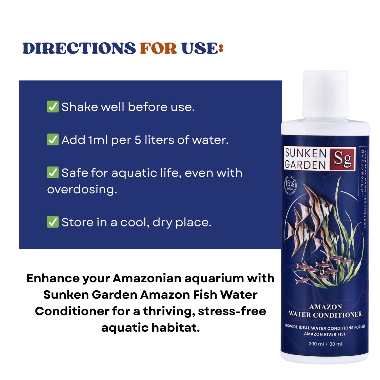 Sunken Garden Amazon Fish Water Conditioner | pH Reducer + Chlorine Neutralizer + Parasite Prevention | Made for All Amazonian Fish Such as Angels and tetras (200 ml + 30 ml)