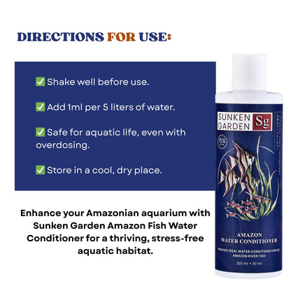 Sunken Garden Amazon Fish Water Conditioner | pH Reducer + Chlorine Neutralizer + Parasite Prevention | Made for All Amazonian Fish Such as Angels and tetras (200 ml + 30 ml)