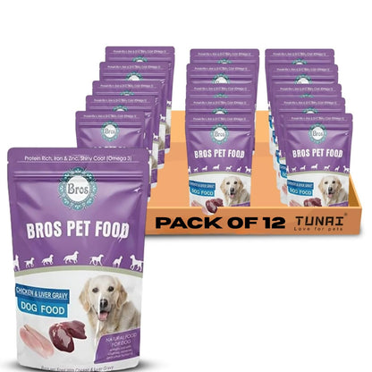SF+ Bros Pet Dog Food | Pack of 12 | Natural Food for Dogs | Enhanced with Vitamins, Minerals and Other Nutrients (80gms, Chicken and Liver)