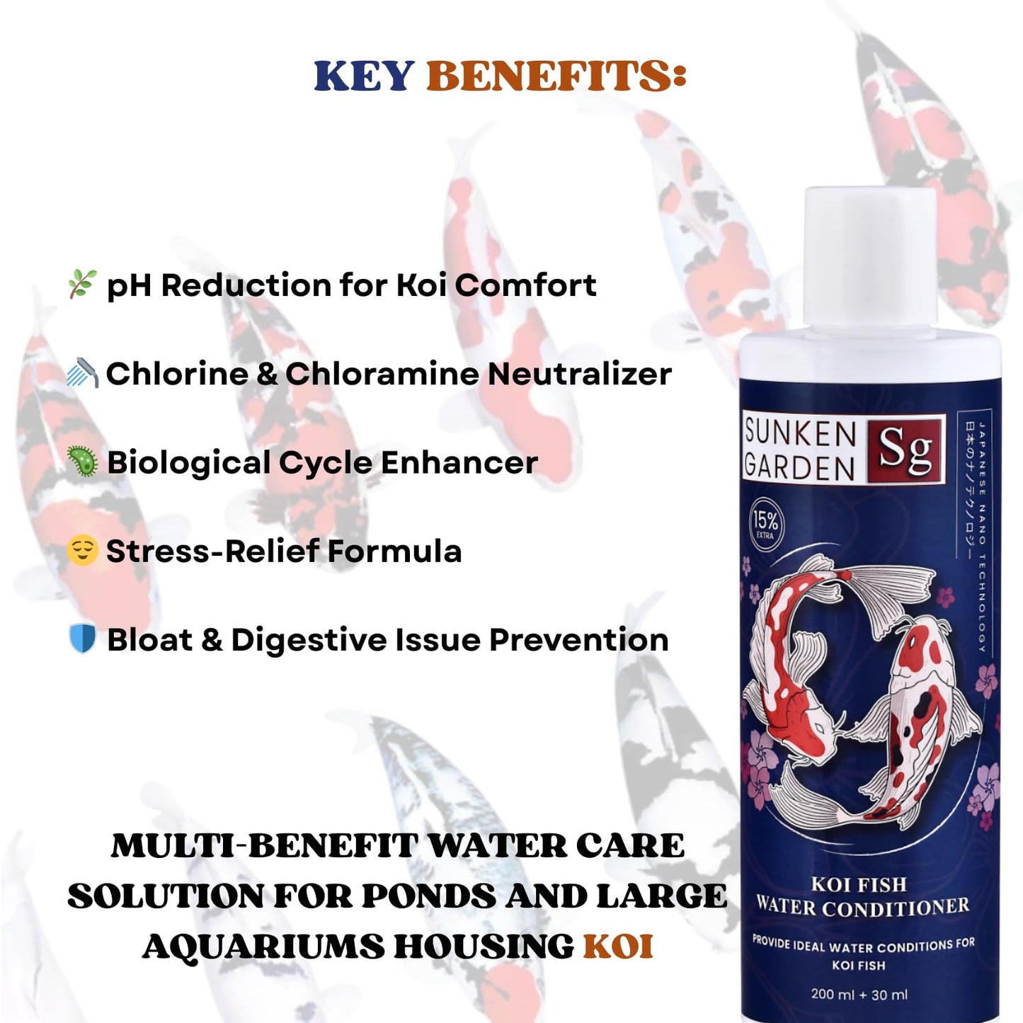 Sunken Garden Koi Fish Water Conditioner | Premium Pond Care for Royal Fish | for Indian Koi & Pond Water (200 ml + 30 ml)