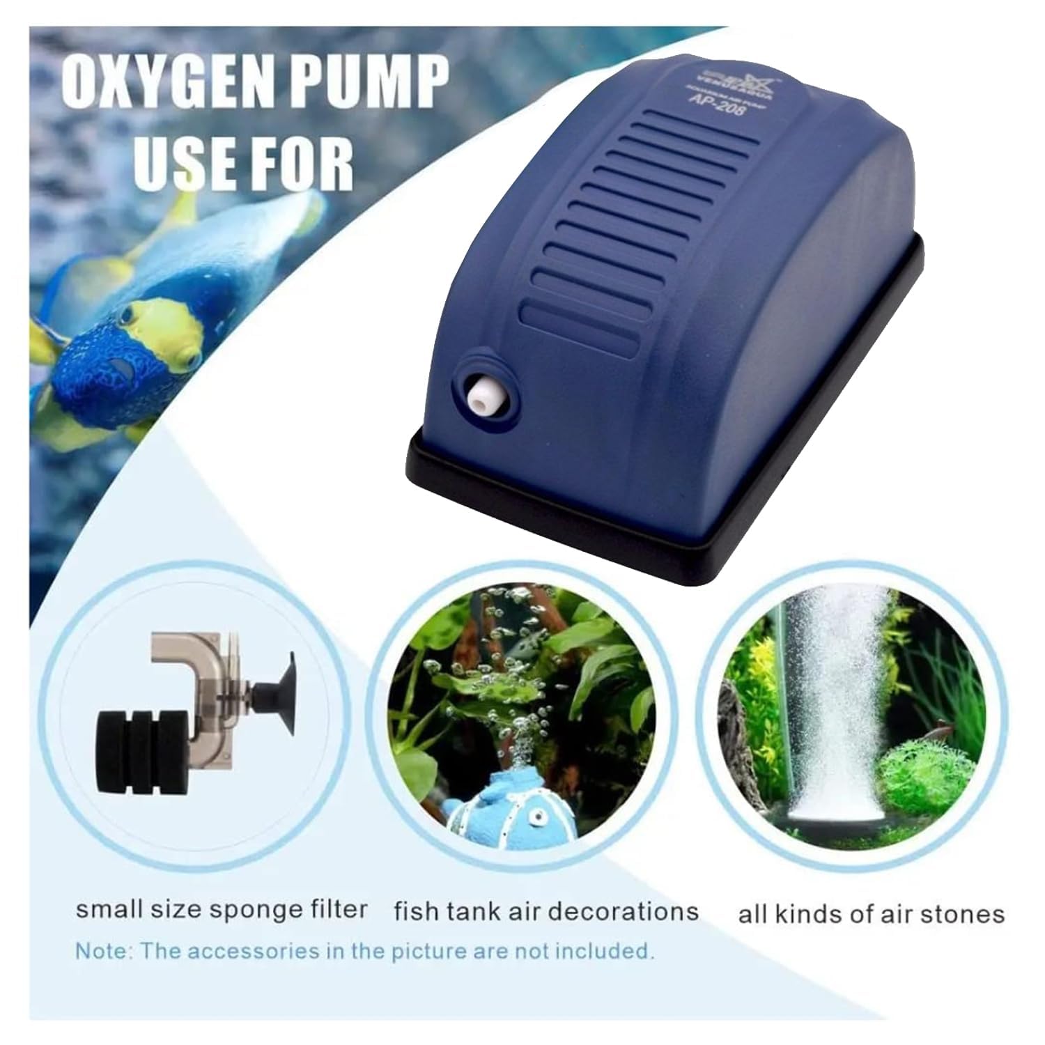 Venus Aqua AP-208 Aquarium Air Pump | Single Nozzle Oxygen Pump | Low Noise 2-Speed Adjustable Aerator | 2.5W Power, 3.5L/Min Air Flow for Freshwater & Marine Fish Tanks