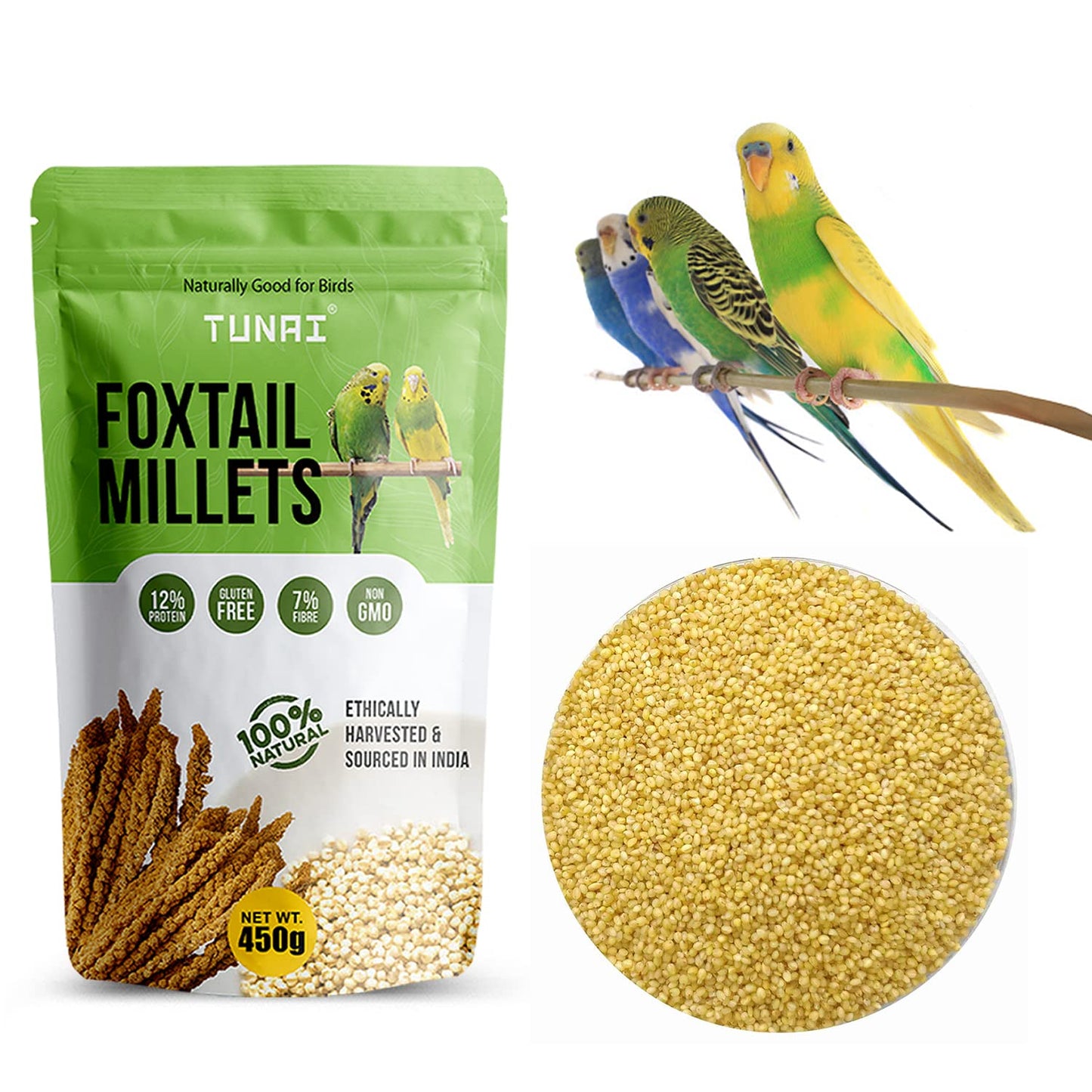 Tunai Bird Food Superior Foxtail Kangni Millets Feed for Lovebirds, Canaries, Cockatiels and Finches, 450g