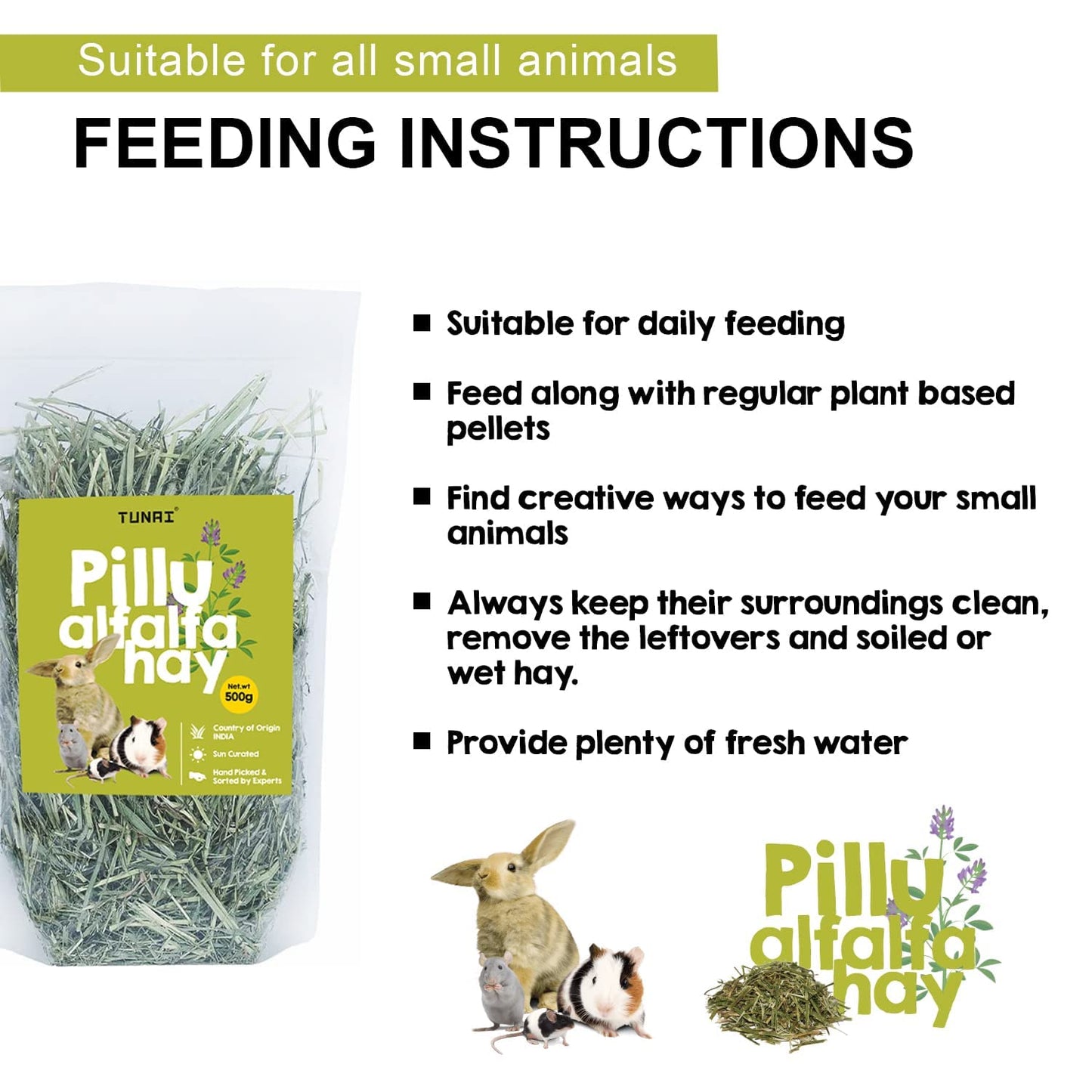 Tunai Pillu Alfalfa Sun Dried Hay for Rabbit, Hamsters, Lactating Guinea Pigs and White Mice (Alfalfa Hay - 500g)