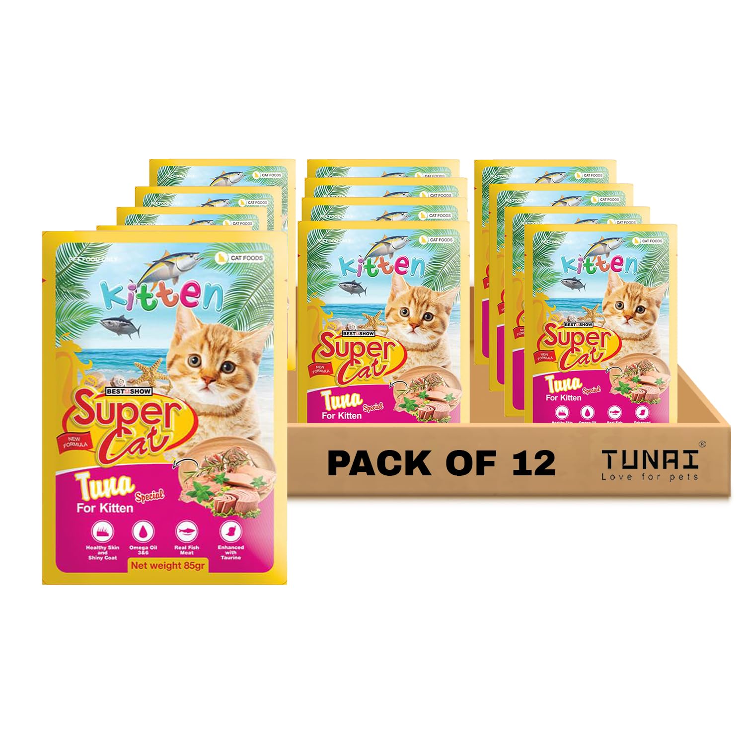 TUNAI SUPERCAT Tuna Special Wet Gravy Daily Diet Food for Kittens (Pack of 12X80g) with The Goodness of Protein & Fat Rich Tuna and Taurine, Supports Healthy Skin Coat and Boost Instant Energy