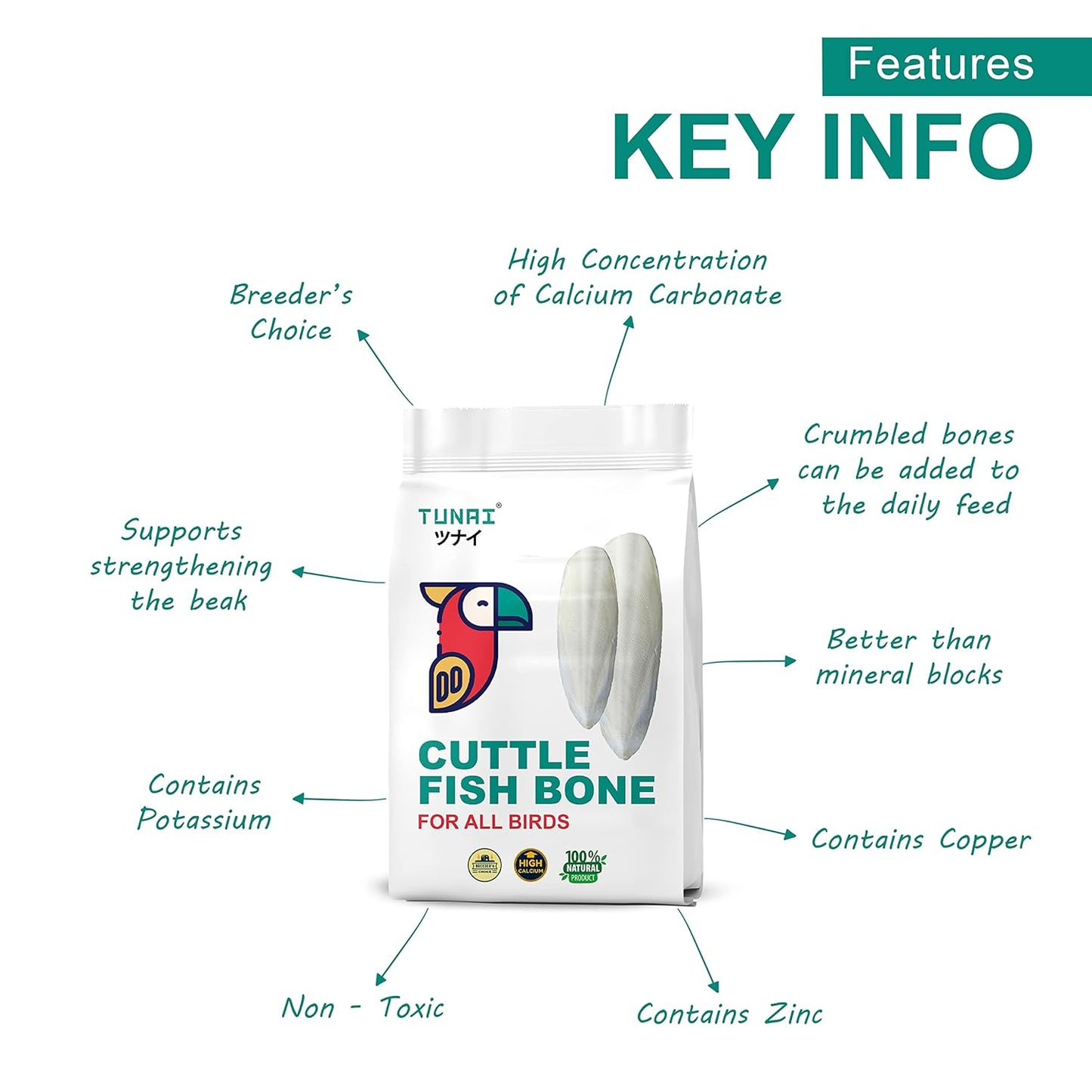 TUNAI Cuttle Fish Bones for Budgies, Love Birds and All Other Birds (Cuttle Fish Bone with Holder, 100G), All Life Stages