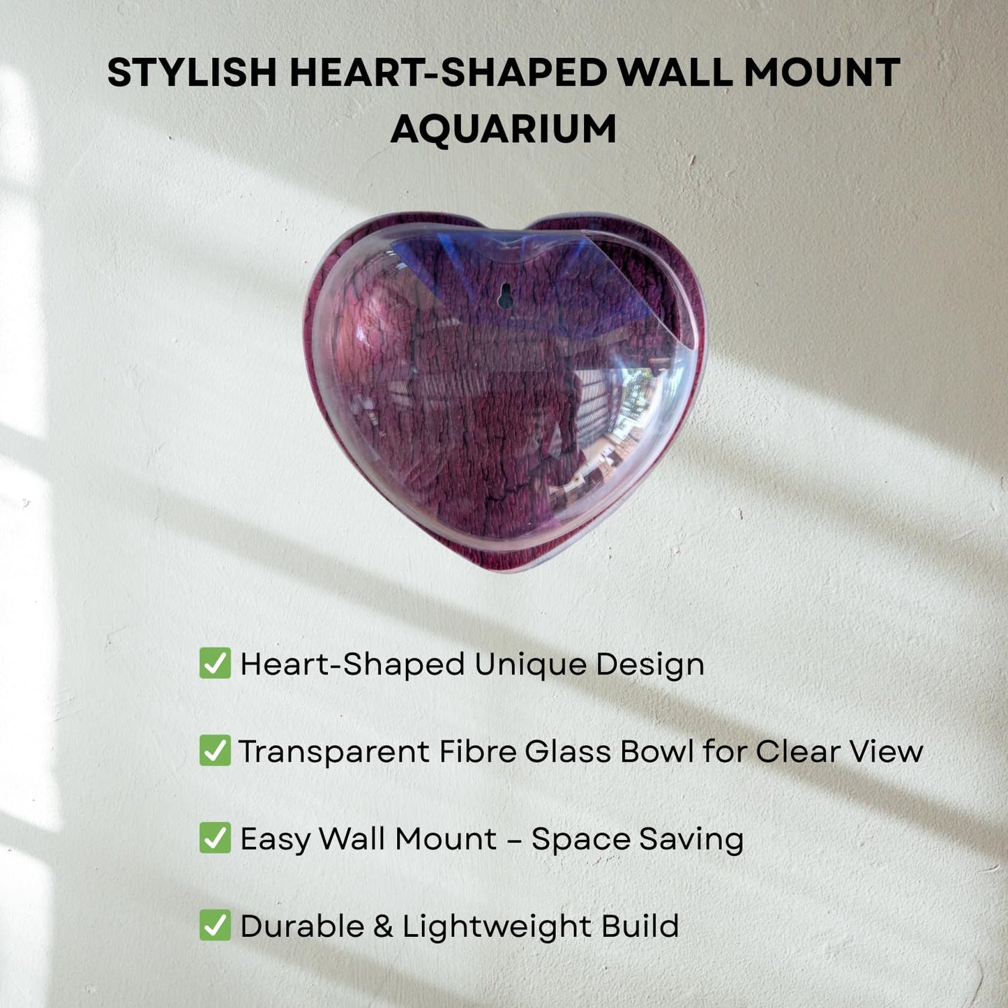 Wall Mount 9-inch Wine Heart Shape Fish Bowl – Without Stand | Modern Aquarium for Home, Office & Café Décor | Space Saving Design | Elegant Fish Tank & Plant Terrarium | Compact Design