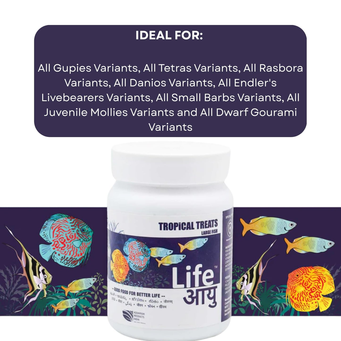 Life AAYU Tropical Treats Fish Food | Ayurvedic Immunity Boost with Spirulina, Moringa, Garlic & Color Enhancers | for All Tropical Fishes | (Large, 70gms)