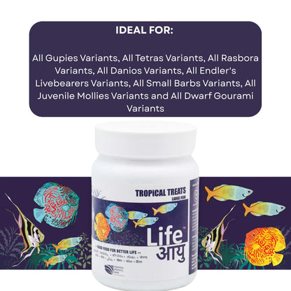 Life AAYU Tropical Treats Fish Food | Ayurvedic Immunity Boost with Spirulina, Moringa, Garlic & Color Enhancers | for All Tropical Fishes | (Large, 70gms)