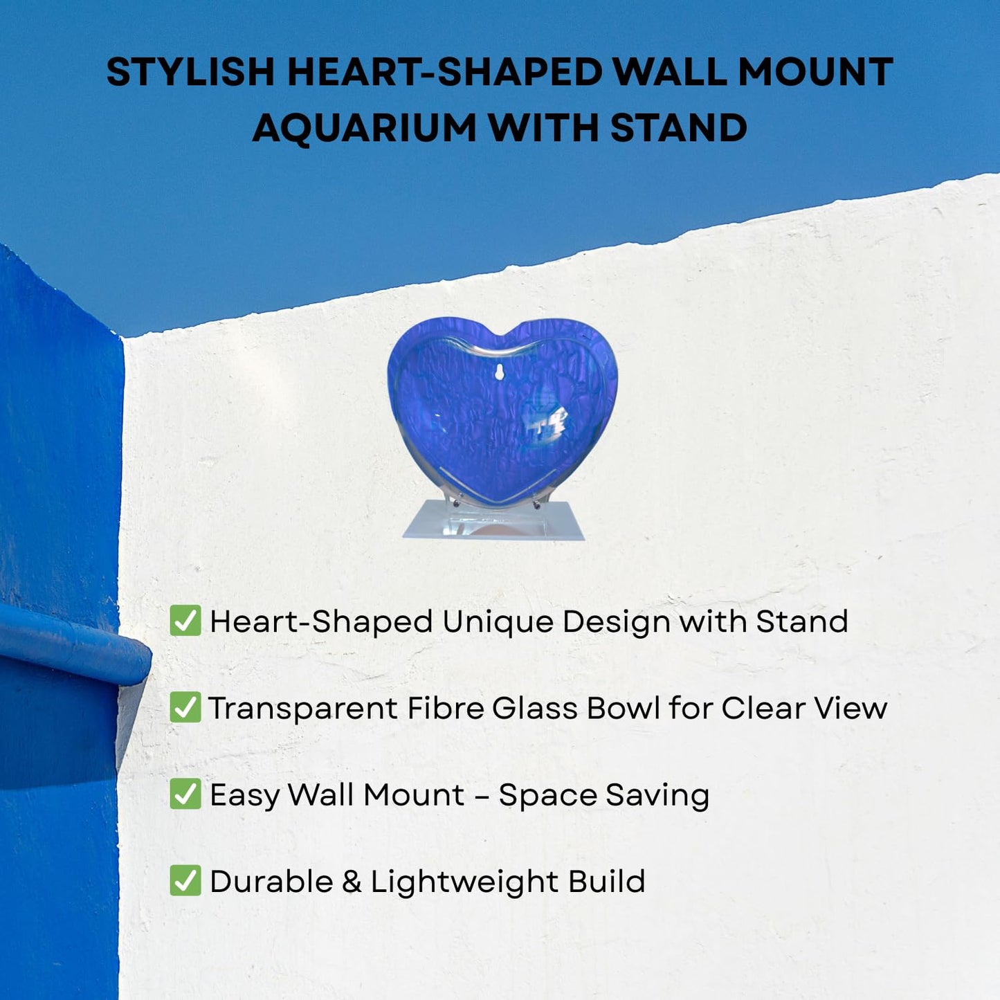 Wall Mount 9-inch Blue Heart Shape Fish Bowl – with Stand | Modern Aquarium for Home, Office & Café Décor | Space Saving Design | Elegant Fish Tank & Plant Terrarium | Compact Design