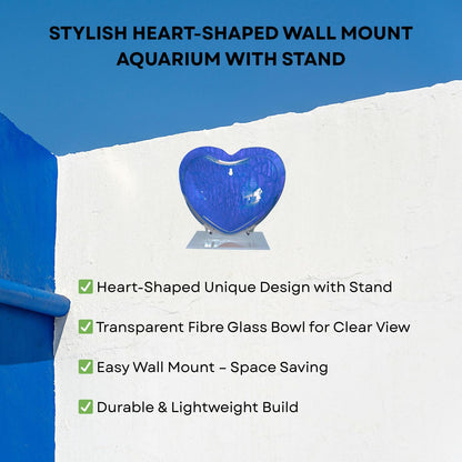 Wall Mount 9-inch Blue Heart Shape Fish Bowl – with Stand | Modern Aquarium for Home, Office & Café Décor | Space Saving Design | Elegant Fish Tank & Plant Terrarium | Compact Design