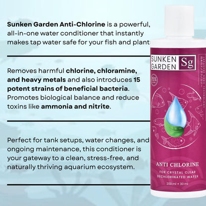 Sunken Garden Anti Chlorine | Dechlorinator + 15-Strain Beneficial Bacteria | Water Conditioner for Freshwater Aquariums (200 ml + 30 ml)