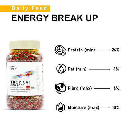 TUNAI Fish Food | 100g | with 26% Protein, 1.2 MM Pellets Aquarium Fish Food for All Adult Aged Small & Medium Tropical Fishes