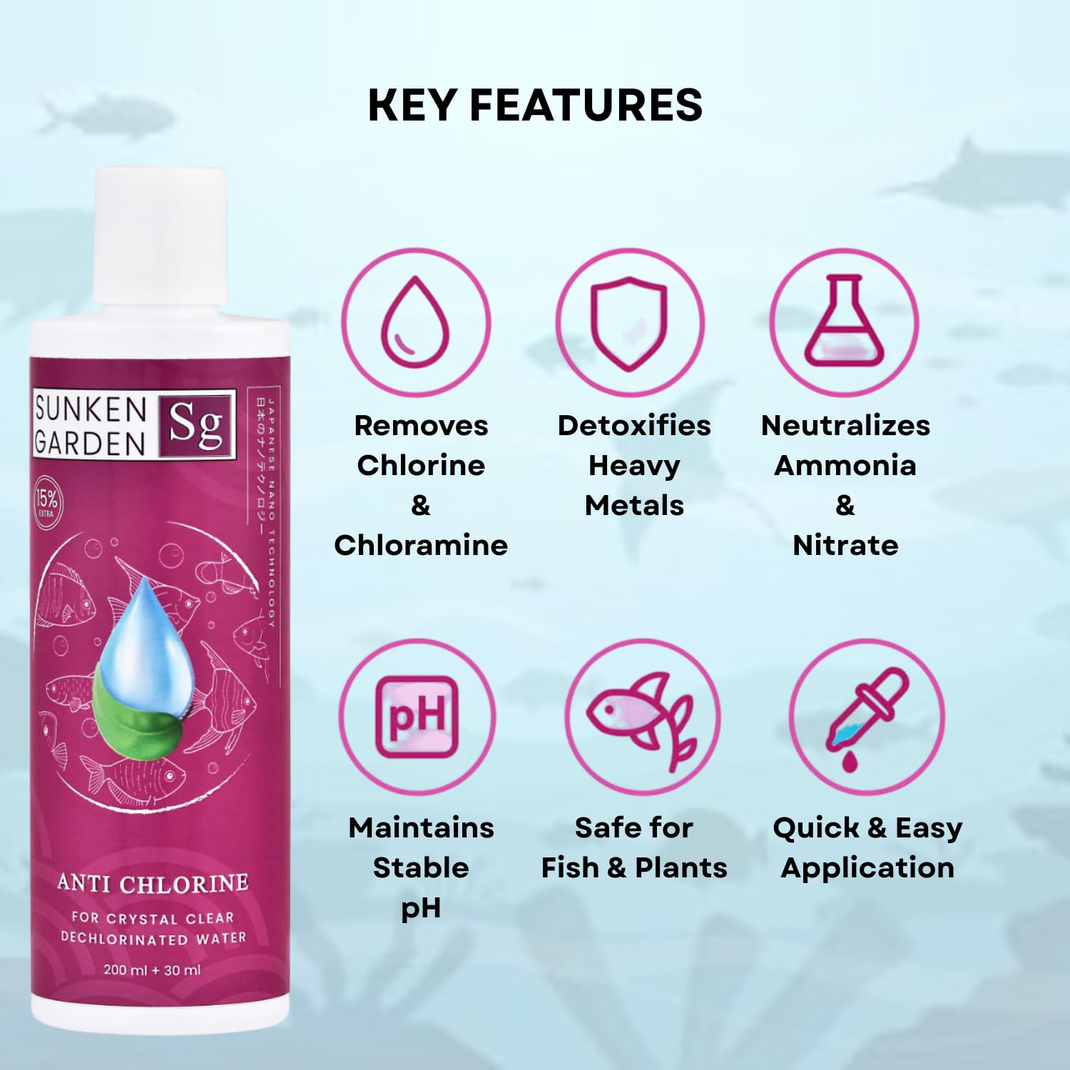 Sunken Garden Anti Chlorine | Dechlorinator + 15-Strain Beneficial Bacteria | Water Conditioner for Freshwater Aquariums (200 ml + 30 ml)