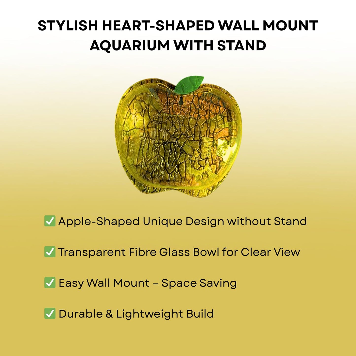 Wall Mount 15-inch Yellow Apple Shape Fish Bowl – Without Stand | Modern Aquarium for Home, Office & Café Décor | Space Saving Design | Elegant Fish Tank & Plant Terrarium | Compact Design