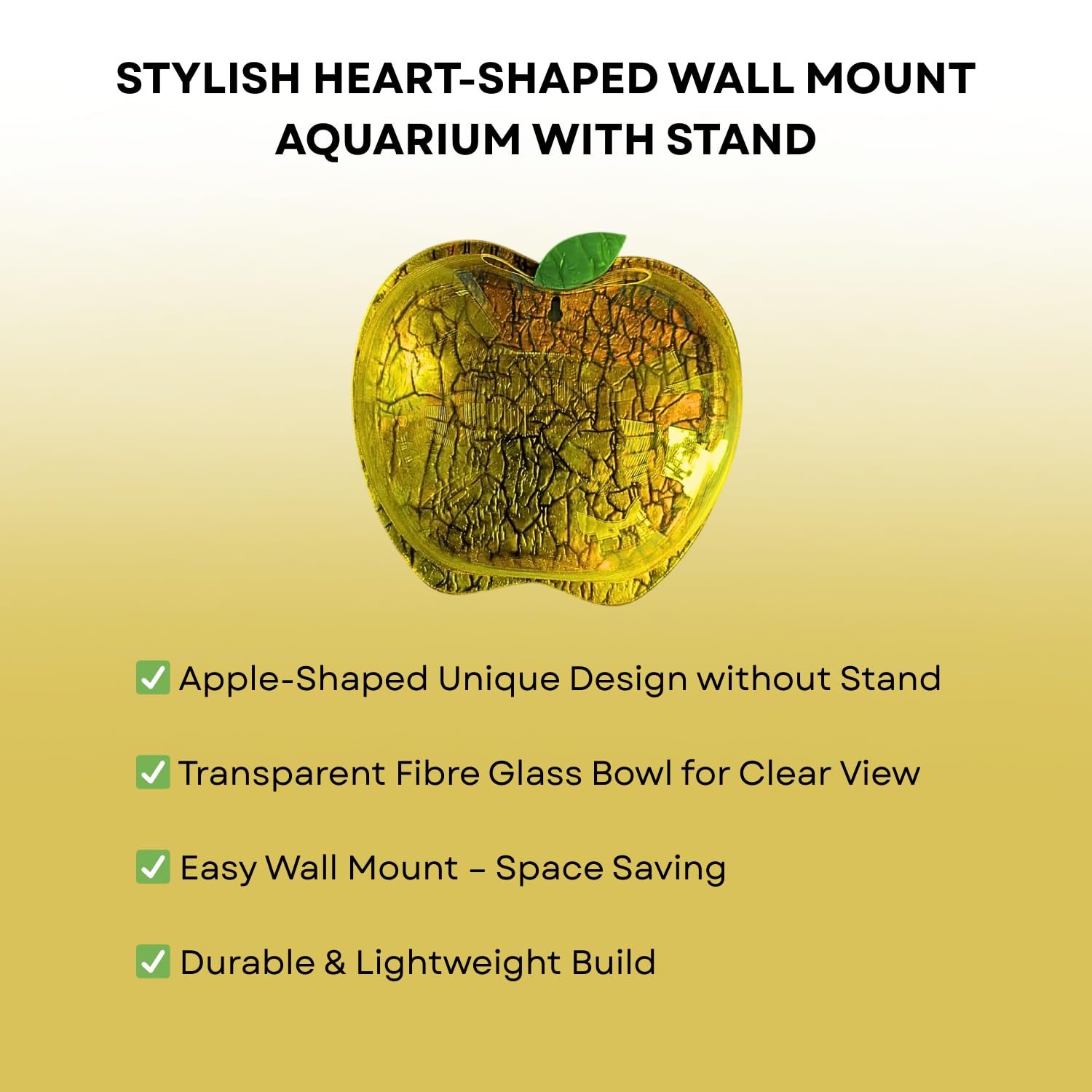 Wall Mount 15-inch Yellow Apple Shape Fish Bowl – Without Stand | Modern Aquarium for Home, Office & Café Décor | Space Saving Design | Elegant Fish Tank & Plant Terrarium | Compact Design