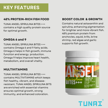 TUNAI Angel Spirulina Bites Fish Food |100g| Spirulina Granules | 100g | 48% Protein | Suitable to Fed for Angel, Gold Fish, Tetras, Discus, Red Parrot, Arowana, Red Parrot, Cichlids & Oscars