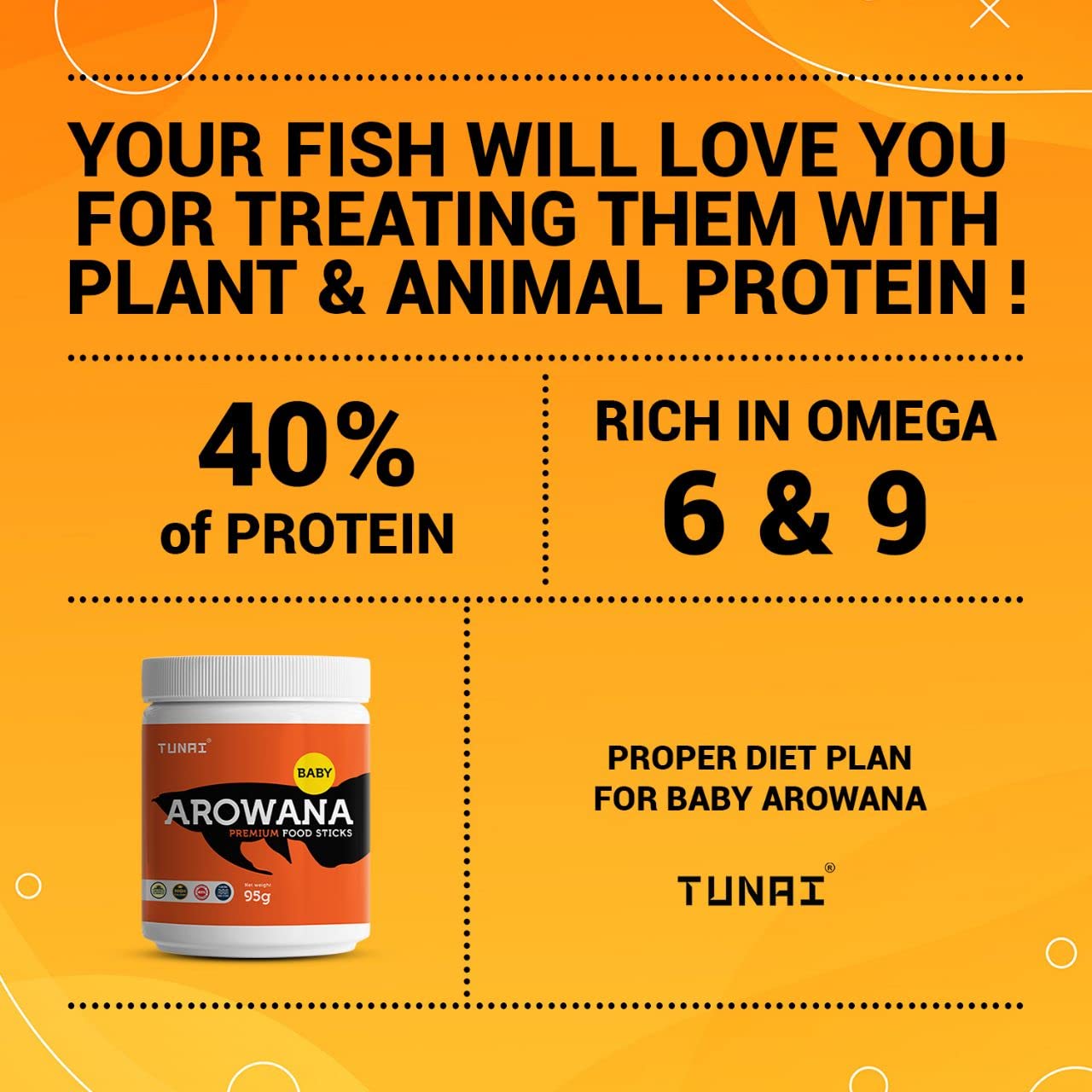 Tunai Arowana Fish Food Sticks |95g| for Baby Arowana, 40% Protein with The Benefits of Moringa, BSF Larvae, Squid Liver and Shrimp, Boost Growth and Vibrant Colors