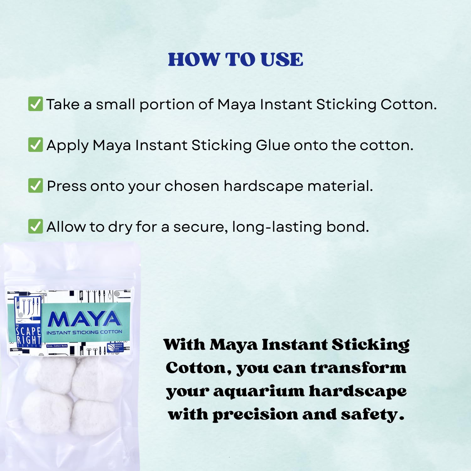 The Scape Right Series Maya Instant Sticking Cotton | for Aquarium Hardscaping | Premium Solution for Aquarium Enthusiasts (6 Cotton Balls)