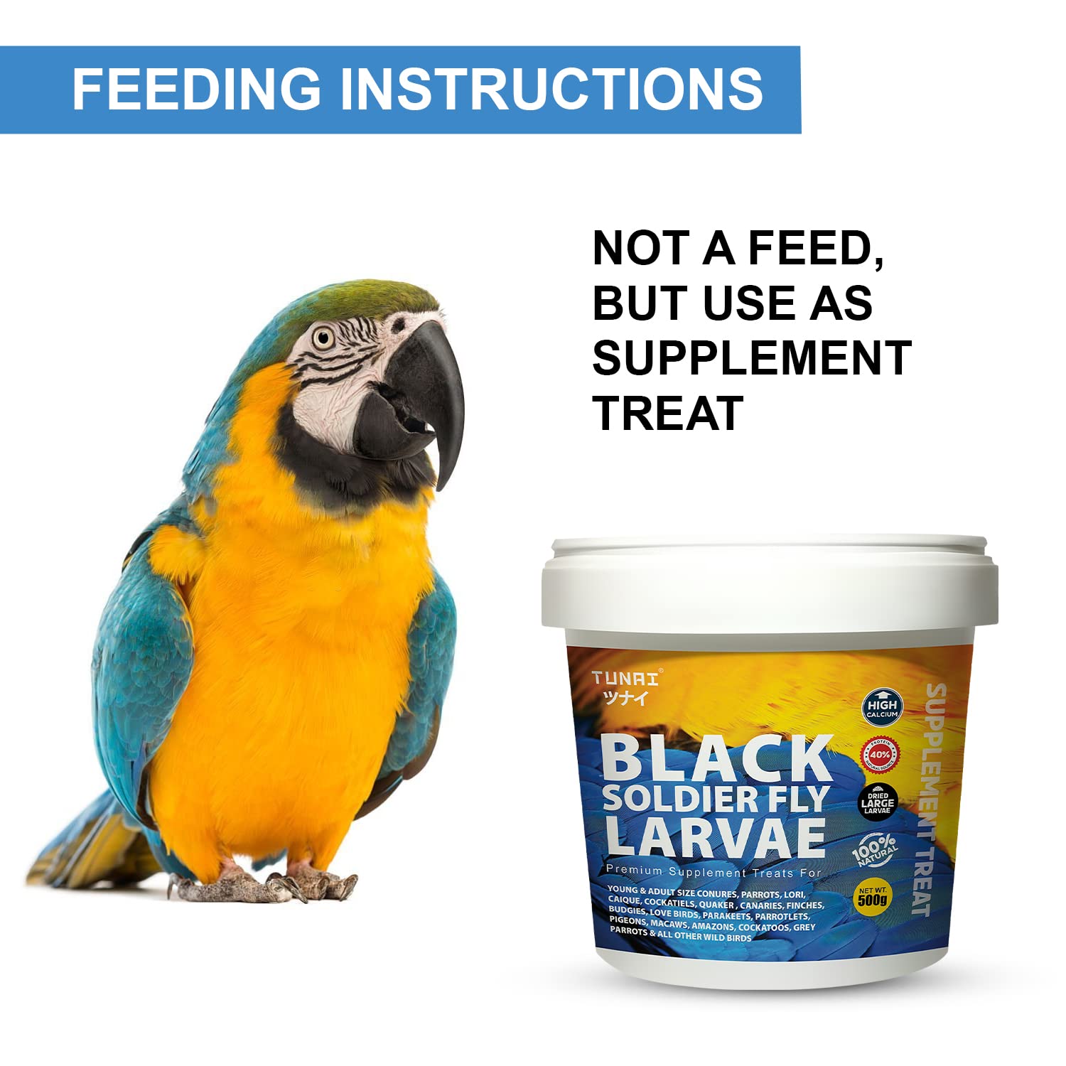 Tunai Black Soldier Fly Larvae Poultry Food | 500g | 60X Calcium, 40% Protein, Natural Supplement Treat for Poultry Feed, Hen, Duck, Turkey, Goose, Chicken, Cock