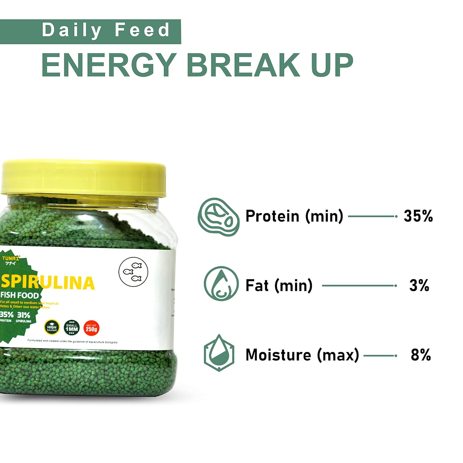 TUNAI 31% Spirulina Optimum Choice Fish Food |250G| Fish Feed for All Medium & Adult Tropical Fish |1Mm Pellets|, Better Color & Growth, 1 Count